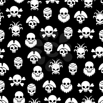 Pirate seamless pattern with white skulls on black background. Vector illustration