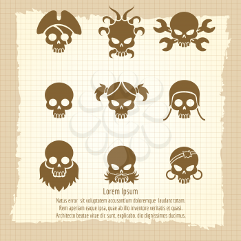 Skull icons on vintage notebook page, vector illustration