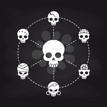 White skull icons concept on chalkboard, vector illustration