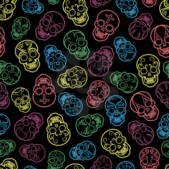 Decorative colorful mexican skulls seamless pattern, vector illustration
