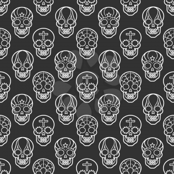 Decorative mexican skulls seamless pattern on black backdrop, vector illustration