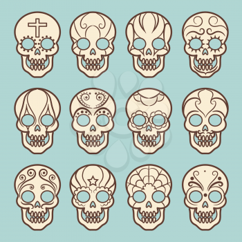 Vintage style mexican skull set on blue backdrop, vector illustration