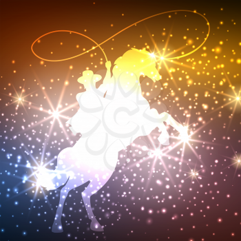 Colorful background with cowboy on horse and light splashes, vector illustration