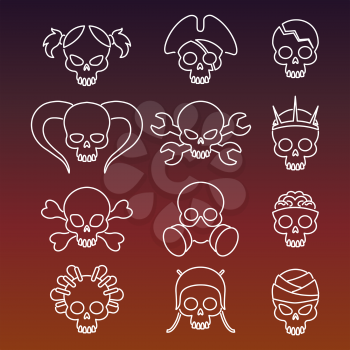 Cute linear skulls icons collection on dark color background. Vector illustration