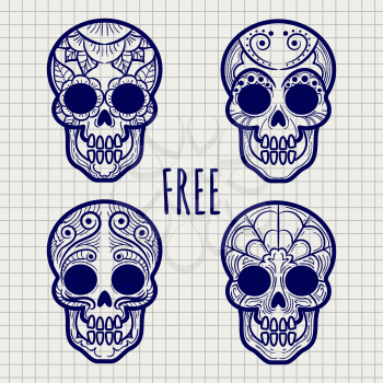 Mexican sugar or calavera skulls on notebook page, vector illustration