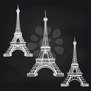 Hand drawn Eiffel towers set on chalkboard background. vector illustration