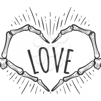 Hand drawn skeleton hand love sign on white background, vector illustration