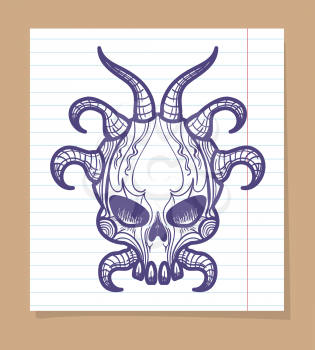 Hand sketched monsters skull with horns on line page, vector illustration