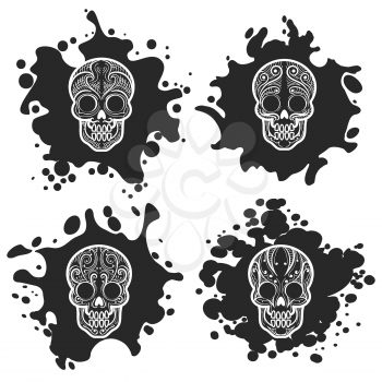 Ornate human skulls on black ink splashes, vector illustration