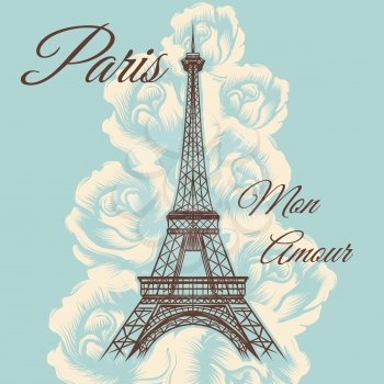 Paris mon amour or Paris my love vintage poster with Eiffel tower and roses. Vector illustration