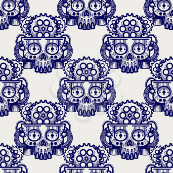 Robot skull with gears seamless pattern, vector illustration