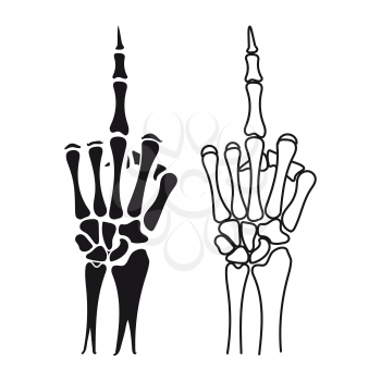Skeleton hand shows middle finger. Vector silhouette and line icons