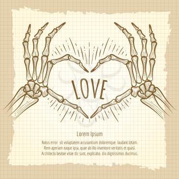 Skeleton hands love sign on vintage notebook backdrop, vector illustration