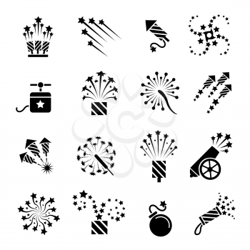 Pyrotechnic icons. Festival celebration sparkle burst, fun dynamite and firework star explosion signs, vector illustration