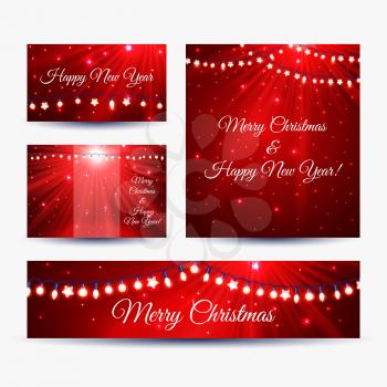 Christmas Happy New Year banners templates with glowing light, vector illustration