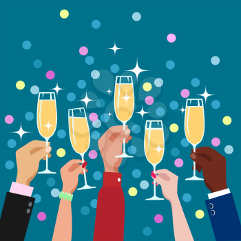 Toasting event. Toasting congratulations hands with champagne glasses fun decorative celebration party background vector illustration