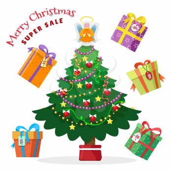 Christmas sale background with fir tree and gift boxes. Vector illustration