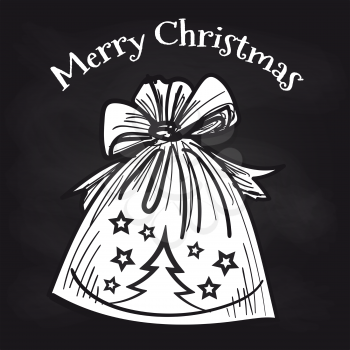 Christmas decorative bag with tree and stars on chalkboard, vector illustration