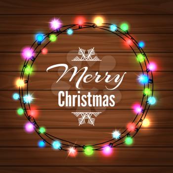 Christmas colorful light garland on the wood background, vector illustration