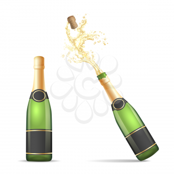 Champagne bottle isolated. Vector bottles of champagne, closed and with popping cork splash isolated on white background