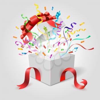 Surprise gift box. Empty open holiday present giftbox with red ribbons, bow and confetti vector illustration