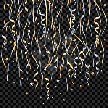 Gold confetti and ribbons. Celebrate party gold and silver confettie vector background for festive or christmas holiday isolated on black