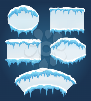 Icicles boards. Vector frozen ice icicle frames for sale or winter school isolated on blue background