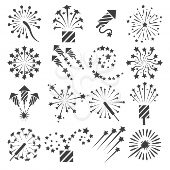 Firework icons. Celebration fireworks party signs and vector drawing celebrating petard symbols isolated on white background