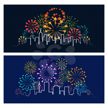 Fireworks city skyline. Celebrating firework over night town panorama, urban festive party landscape concept vector illustration