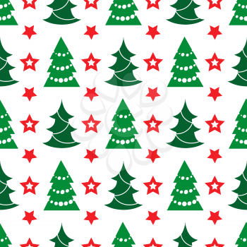 Holidays seamless pattern with Christmas tree and stars, vector illustration