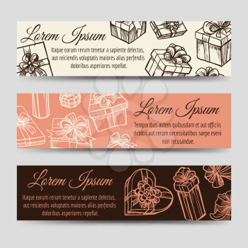 Vintage horizontal banners template with gift boxes, vector illustration