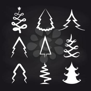 White christmas tree icons on chalkboard background. Vector illustration