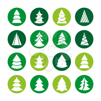 White christmas trees on green rounds. Vector christmas tree icons