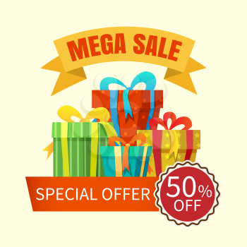 Mega sale banner with gift boxes. Vector illustration