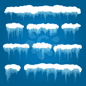 Icicles and snowdrifts vector illustration. Snowed piles and ice caps isolated on white background for cold frozen winter decor