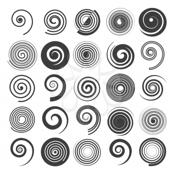 Spiral vector. Hypnotic swirled shapes, vector graphic swirls icons isolated on white background