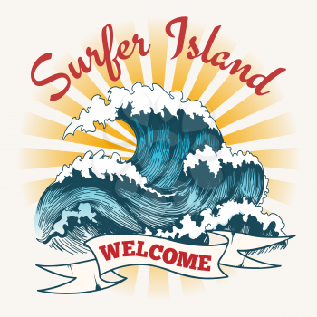 Surf wave poster. Surfer island vintage logo, painting ocean seascape with big waves vector illustration