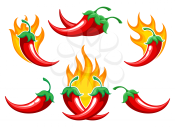 Chili pepper on fire. Closeup burned cayenne pepper for spicy food ingredients or capsicum salsa cooking, vector illustration