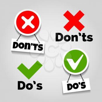 Do and dont icons. Doing recommendation and mistake color signs with text box for guidelines, tests and consumer rights vector illustration