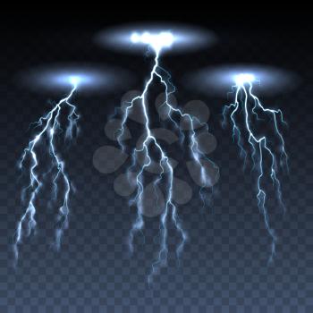 Thunderbolts. Vector storm electric lightning thunder bolts isolated on dark transparent background