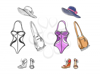 Fashion beach look for girl. Swimwear, shoes, hat and bag colorful and silhouettes. Vector illustration