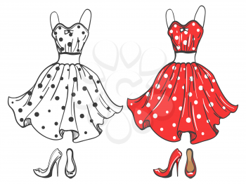Fashion polka dot dress and shoes. Vector dress sketch and cartoon style