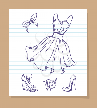 Fashion shoes battle. Vector sketch of dress and shoes on line notebook page