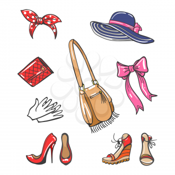 Girls fashion accessories isolated on white background. Vector colorful cartoon shoes, hat, bags
