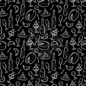 Hand drawn popular french food and drinks seamless pattern, vector illustration