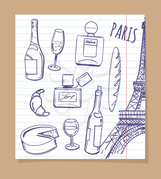 Symbols of Paris sketch. Vector popular french food, drinks and perfume icons