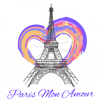 Eiffel tower with colorful bright heart isolated on white background. Vector illustration