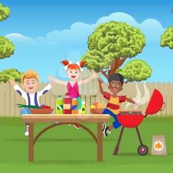 Joyful active kids on picnic in the green garden, vector illustration