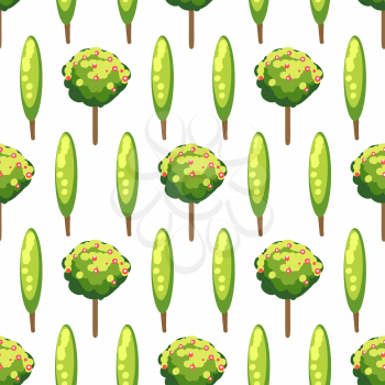 Nature seamless pattern with green apple trees and cypresses, vector illustration
