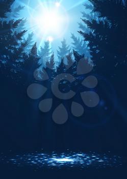 Forest background with sunbeams in blue colors, vector illustration